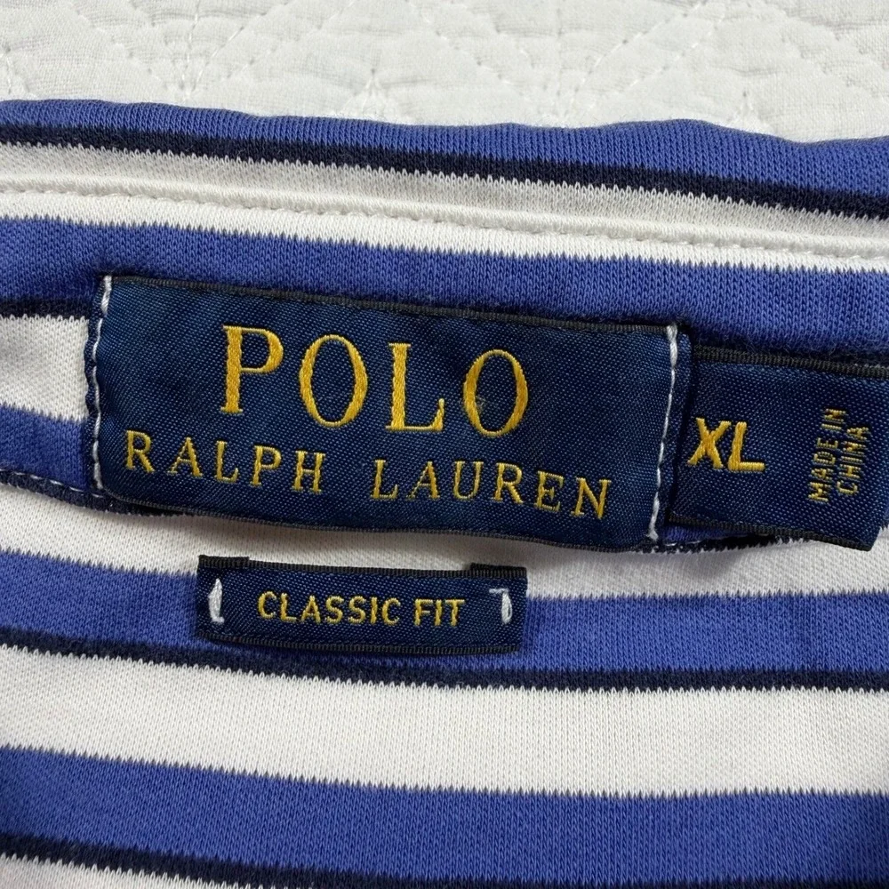 Polo Ralph Lauren Classic Fit Blue White Stripe Polo Shirt Mens XL 100% Cotton‎